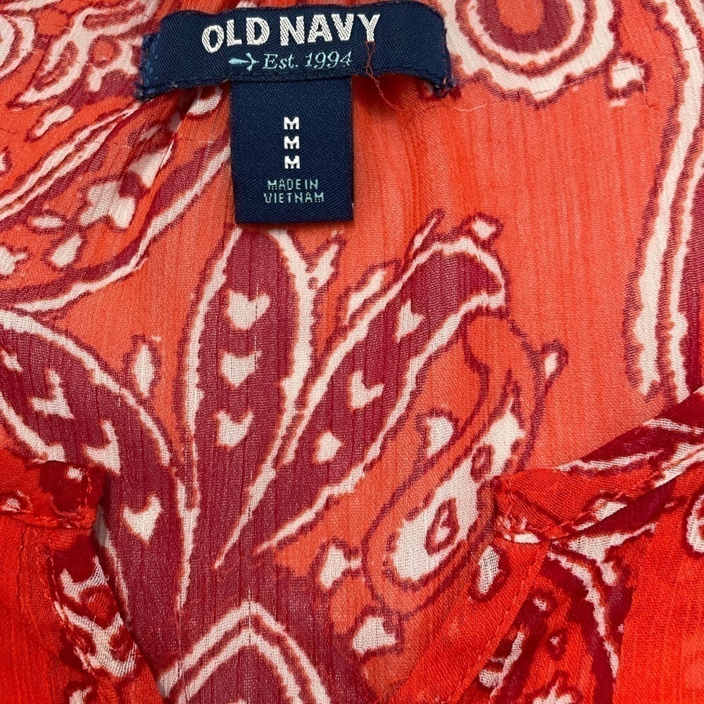 old Navy women’s paisley print Orange and Red sheer blouse. 3/4 sleeve - Picture 3 of 5